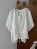 Top único con cordones azul y mangas acampanadas para mujer, camisa de ramio de manga corta con ribete de encaje de verano 023