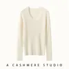 Elegante suéter de cor sólida com decote em U e mangas compridas, suéter de malha de cashmere para mulheres, novo top pulôver slim fit de outono e inverno