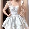 Vestido Midi Estilo Japonés Dulce con Mangas Acampanadas de Encaje Patchwork Floral Ceñido a la Cintura Adelgazante Línea A con Mangas Abullonadas de Princesa