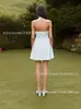 Vestido de Playa de Vacaciones Estilo Americano Transfronterizo Nueva Moda Chica Picante, Elegante y con Estilo Vestido Corto de Línea A con Rayas, Cuello Halter en V