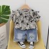 Ropa infantil de comercio exterior al por mayor 2024 verano nueva niños guapo estrella de cinco puntas cuello redondo camiseta manga corta ropa de dos piezas