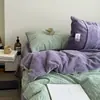 Juego de Cama de Cuatro Piezas Rayado Doble de Algodón Puro 100% Algodón Algodón Lavado para Dormitorio: Sábana Plana, Sábana Ajustable, Funda de Edredón, Ropa de Cama