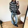Cárdigan de punto de mezclilla patchwork a rayas estilo japonés y coreano transfronterizo, nueva colección otoño/invierno 2026, chaqueta suéter casual de corte holgado para mujer