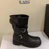 Botas de mujer tipo Martin de cuero lavado con suela gruesa y tacón ancho, efecto adelgazante, caña ancha, aspecto desgastado, botas de montar a media pantorrilla