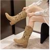 Botas vaqueras de tacón grueso caladas para mujer 2026 Verano Nuevas Botas de montar con punta bordada Estilo europeo y americano Botas de media caña con corte en V