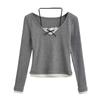 Playera halter de dos piezas falsas de manga larga para mujer 2024 chicas hot deseo puro corte ajustado encaje sentido del diseño camiseta básica top interior