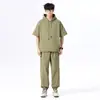 Traje Pantalón de Nueve Puntos Marca de Moda Traje de Dos Piezas Holgado Deportivo de Manga Corta Traje Casual Juvenil de Primavera Algodón Gris