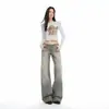 Jeans de Pierna Recta Ligeramente Sueltos, Cintura Media-Baja, Grises, Estilo Retro Americano Desgastado, Nuevos para Otoño/Invierno 2026, Transfronterizos, para Mujer