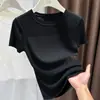Camiseta de punto negra calada de manga corta para mujer, nueva de verano 2026, corte ajustado, ligeramente transparente, top fino