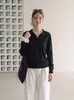 Suéter Tricot Elegante Vintage Estilo Old Money com Gola V e Manga Longa para Mulheres, Suéter de Gola Reversível para o Início do Outono, Top Base