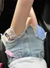 Shorts de Mezclilla Lavada Desgastada Azul Claro Talla Plus para Mujer, Diseño de Cintura Alta para Verano, Estilo Dulce y Fresco, Hot Pants de Corte A, Modernos