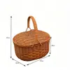 Cesta de Armazenamento de Rattan Cesta de Compras Portátil Cesta para Piquenique ao Ar Livre Cesta de Armazenamento com Tampa Cesta para Comprar Presentes Cesta de Legumes Cesta de Frutas