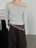 Taochuan Estilo Coreano Hombro Caído Clavícula Expuesta Color de Contraste Aspecto Adelgazante Tejido de Punto Mujer Aspecto Adelgazante Top de Manga Larga Yl698