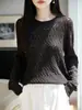 Nueva Colección Otoño/Invierno 2026: Suéter de punto para mujer de manga larga, color sólido, calado, corte holgado, en lana fina con cuello redondo
