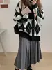 Primavera e Outono Novo Padrão de Diamante Japonês e Coreano Estilo Doce Preguiçoso Cardigan de Malha Feminino Suéter Jaqueta Top de Cor Contrastante Solto