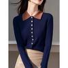 Contraste Lapela Explosivo Cardigan de Malha Feminino Outono e Inverno Novo Slim-fit Slimming Elegante Estilo Preguiçoso Casaco de Suéter na Moda