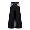 Jeans de Perna Larga com Estampa de Bandeira Masculino Europeu Americano Tendência Bloco de Cores Design de Bolso Braguilha de Botão Calça Longa Solta