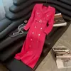 Vestido de malha com lapela dupla para mulheres estação independente padrão geométrico com cinto vestido estilo intelectual cor sólida vestido longo