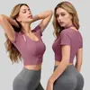 Novo Top de Alça Peach da Juyitang com Bojo Camiseta de Manga Curta Justa para Yoga Fitness