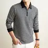 Camiseta Masculina Listrada de Lã e Seda com Gola Lapela e Manga Longa 2026 Outono Inverno Nova Meia-Zip Camisa Térmica Base Masculina