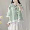 Nova camisa de botão diagonal estilo chinês para mulheres, verão algodão-linho Hanfu modificado traje de chá Zen, top estilo étnico para pessoas baixinhas
