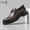Sapatos Masculinos Atacado Primavera e Outono, Sapatos de Couro Business Casual, Sapatos Tendência de Couro Genuíno com Solado Grosso, Sapatos de Couro com Biqueira Larga, Sapatos Slip-On Tendência de Superfície Macia com Solado Macio
