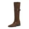 Botas de cowboy western com salto grosso, fivela de cinto afunilada, cano alto até o joelho, botas de equitação estilo Melard, nova coleção de inverno 2025 para mulheres, botins