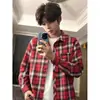2025 Nova Camisa Masculina Retro Xadrez com Lapela de Manga Longa Estilo Coreano Moda Jovem Cardigan Casual Jaqueta Camisa