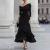 Estilo Europeo y Americano 2026 Otoño Comercio Exterior Nuevo Vestido Elegante Ajustado de Manga Larga con Cuello en V Hombros Descubiertos Fruncido y Volantes para Mujer