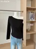 Blusa Falsa de Duas Peças com Gola Halter e Manga Longa em um Ombro para Mulheres Outono Inverno Slim Fit Cintura Marcada Sexy Decote Ombro a Ombro Roupa Externa Base de Tricô