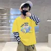 Camiseta de Manga Larga a Rayas con Cuello Redondo de Moda Estilo Coreano para Niños, Ropa de Primavera y Otoño, Niños Estampado de Dibujos Animados Capa Base Algodón Puro Fina