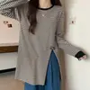 Camiseta de Manga Larga Rayada Versátil de Algodón Puro con Botones en la Espalda, Prenda Base para Mujer, Sudadera de Longitud Media para Primavera y Otoño