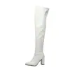 Botas Longas de Couro Patente com Salto Alto Bloco para Pole Dance Feminino, Bico Fino, Zíper Lateral, Estilo Balada, Tamanho Grande, Comprimento Acima do Joelho