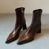 Versão em pele de ovelha~Botas finas de bico fino em couro macio, de salto alto, botas curtas que afinam para mulheres, zíper lateral, couro genuíno, botas estilosas para o inverno