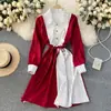 Vestido de Mujer Estilo Universitario con Patchwork Rayado Primavera/Verano 2022 con Sentido de Diseño Coreano, Elegante Vestido Camisero, Cintura Alta, Adelgazante