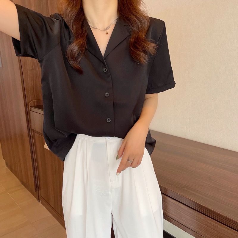 新款夏季百搭西装领宽松学院风淡绿色短袖衬衫外穿上衣女_黑色
