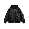 Ropa Vintage 25 Invierno Nuevo Chaqueta de Plumas de Cuero con Capucha Desmontable de Moda Bordada Ropa de Trabajo de Vuelo Abrigo Cálido