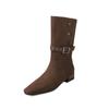 Botas Western Cowboy de Camurça Dobráveis de Uso Duplo 2025 Inverno Salto Baixo Grosso Bico Quadrado Fivela de Cinto Cor de Damasco Botas de Cano Médio para Mulheres