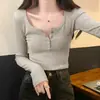 Atacado Transfronteiriço Outono e Inverno Gola de Botão Fio Sexy Elegante Afinando o Visual Camiseta de Manga Longa Camada Base Feminina Top