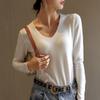 Nova Camisa Base de Tricô para Outono Feminina, Gola V, Caimento Regular nos Ombros, Slim e Elegante, Camiseta Versátil de Manga Longa para Usar por Cima