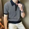 Camisa Polo de Punto de Seda Helada para Hombre de Manga Corta de Verano con Cuello de Solapa y Rayas, Casual y Versátil, Venta al por Mayor Transfronteriza