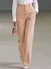 Pantalones de pierna ancha a rayas de cintura alta, tela texturizada a rayas verticales, decoración de hebilla dorada, pantalones casuales que alargan las piernas