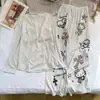 Nueva Colección Primavera y Otoño 2026: Conjunto de Pijama Largo de Manga Larga para Mujer con Tela de Costilla de Seda Helada, Sujetador Incorporado y Diseño de Gato de Dibujos Animados, Perfecto para un Look Casero Relajado y Cómodo