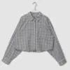 Camisa Xadrez Elegante Coreana Outono 2026 com Lapela Manga Curta e Longa para Mulheres, Camisola Fina Doce e Picante, Tendência de Estilo Preguiçoso