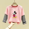 Camiseta de Algodão Puro Manga Longa Infantil Média/Grande Primavera e Outono Nova Blusa Solta para Meninas Estampada Desenho Animado de Menina Camada de Base Tendência