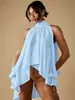 Top de gasa asimétrico con cuello halter, cuello alto, diseño de hombros descubiertos, abertura, mangas largas y corte relajado, superventas transfronterizo europeo y americano, adecuado para exportación