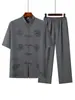 Traje Tang de seda gelada de manga curta fino para homens de meia-idade e idosos, roupa casual Tai Chi para pais, terno estilo chinês do vovô