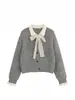 Jaqueta Cardigan de Tricô Falso Duas Peças com Lapela Feminino Outono/Inverno Novo Estilo Cardigan de Tricô com Laço de Renda Top Curto