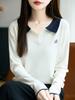 Empalme de dobladillo Estilo Coreano Prendas de punto para Mujer Otoño e Invierno Nuevo Ajustado Cuello Polo Bordado Lana Base Suéter Tejido Fino