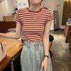 Camiseta Básica a Rayas Verano 2024 Nuevo Diseño Camiseta de Manga Corta para Mujer Americana Retro Estudiante Slim Top